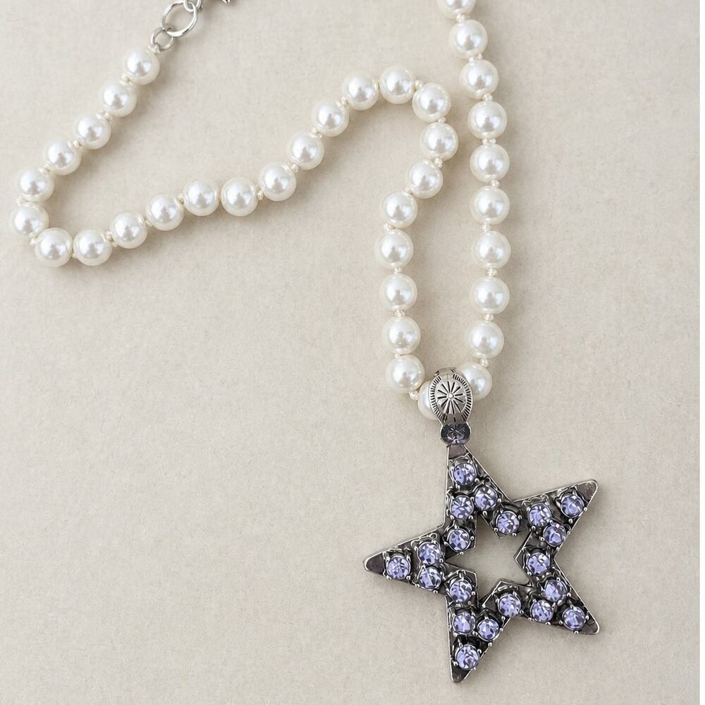 ATG Purple Crystal Star Pendant Necklace Faux Pearl Chain Statement Western NWOT